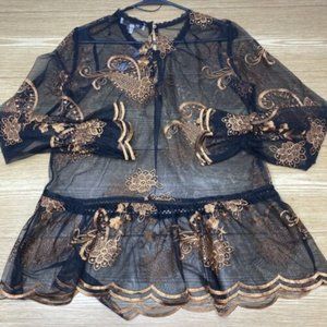 Womens Top Fever Sheer Lace Black Gold Embroidered See Through Long Sleeve S